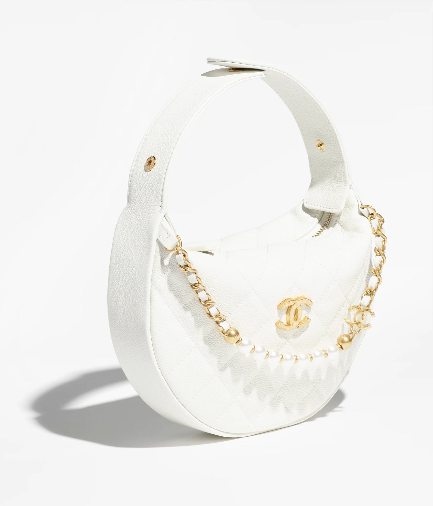 Chanel Pouch Grained Calfskin, Imitation Pearl & Gold-Tone Metal - White