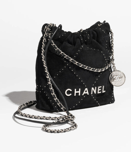 Chanel 22 Mini Handbag Suede Calfskin, Studs & Silver-Tone Metal - Black