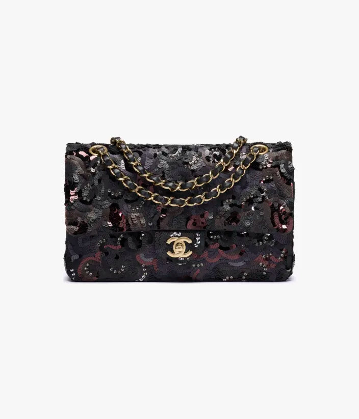 Chanel Classic 11.12 Handbag Satin, Sequins, Glass Pearls & Gold-Tone Metal Black, Dark Gray & Burgundy