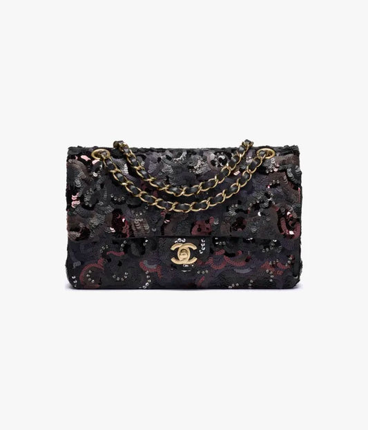 Chanel Classic 11.12 Handbag Satin, Sequins, Glass Pearls & Gold-Tone Metal Black, Dark Gray & Burgundy
