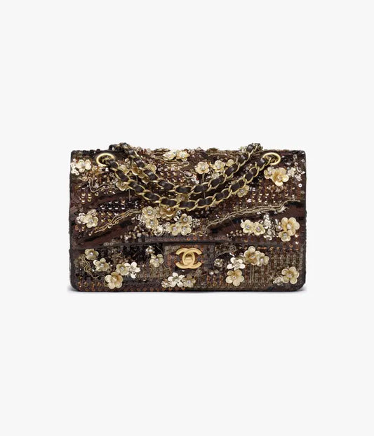 Chanel Classic 11.12 Handbag Embroidered Satin, Sequins, Glass beads & Gold-Tone Metal - Brown & Golden