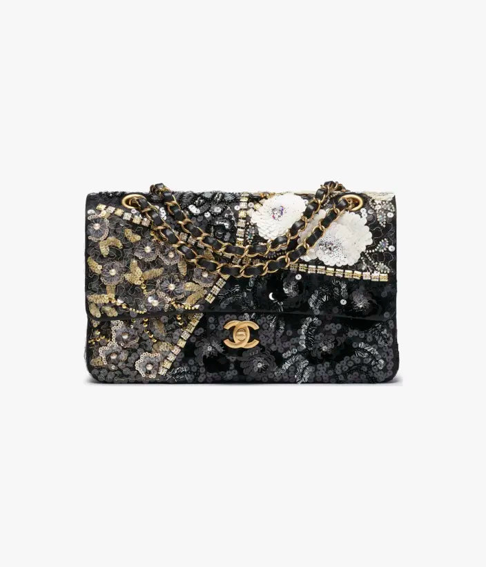 Chanel Classic 11.12 Handbag Satin, Sequins, Glass Pearls & Gold-Tone Metal Black, Golden & White