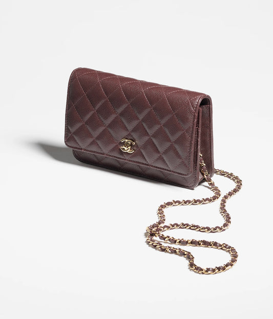 Chanel Classic Wallet On Chain Grained Shiny Calfskin & Gold-Tone Metal - Dark Brown