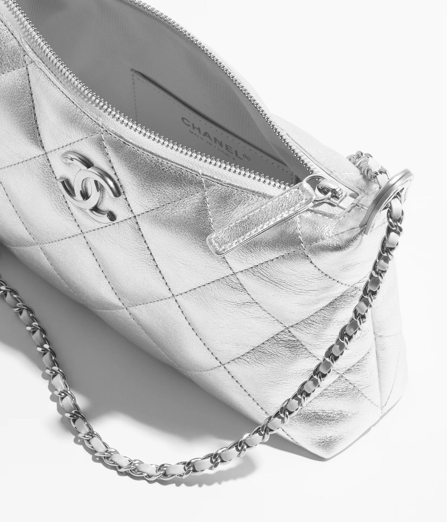 Chanel Hobo Handbag Metallic Calfskin & Silver-Tone Metal - Silvery