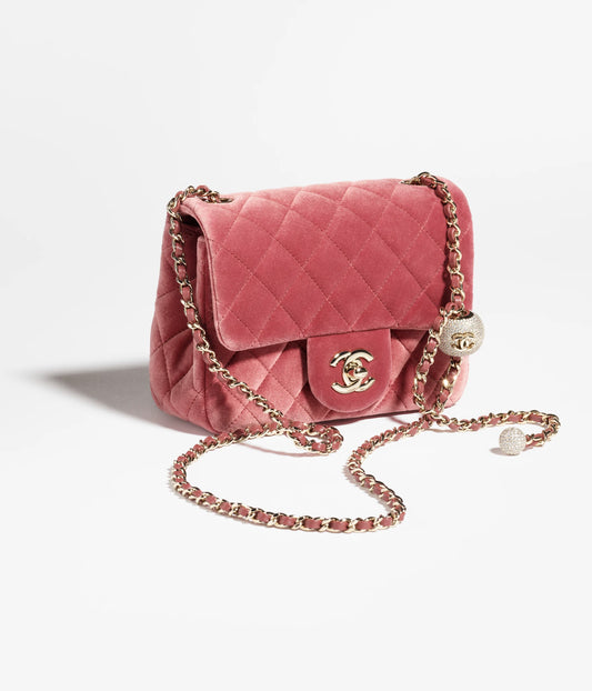 Chanel Mini Flap Bag Velvet, Diamanté & Gold-Tone Metal - Burgundy