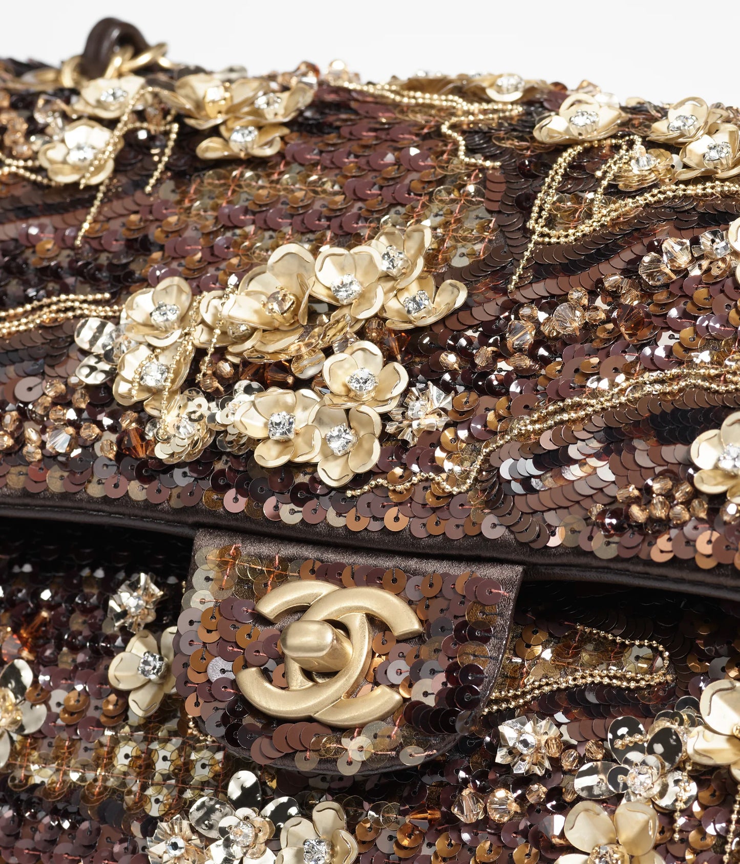 Chanel Classic 11.12 Handbag Embroidered Satin, Sequins, Glass beads & Gold-Tone Metal - Brown & Golden