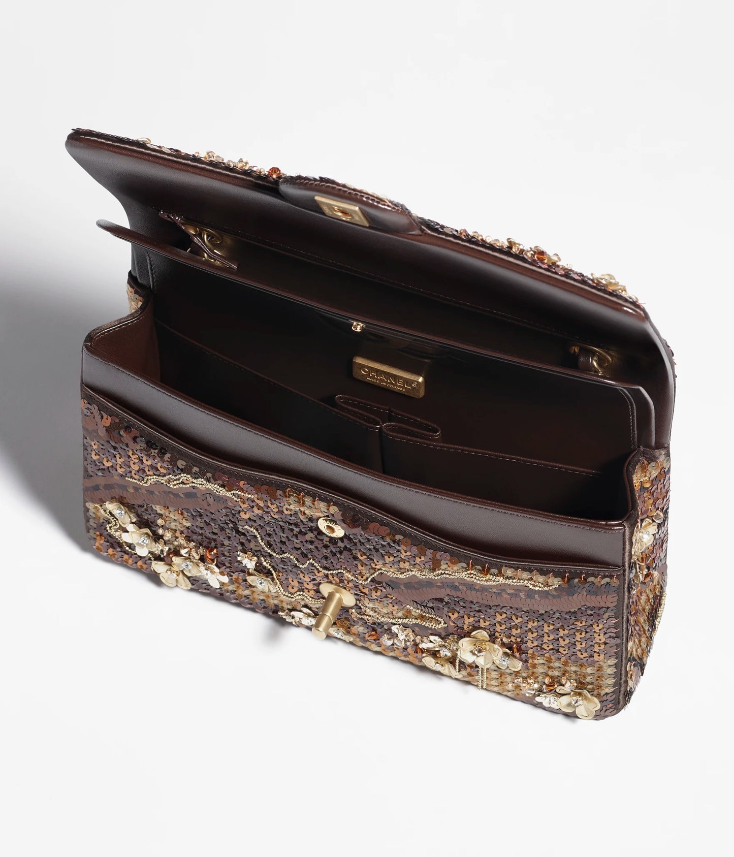 Chanel Classic 11.12 Handbag Embroidered Satin, Sequins, Glass beads & Gold-Tone Metal - Brown & Golden