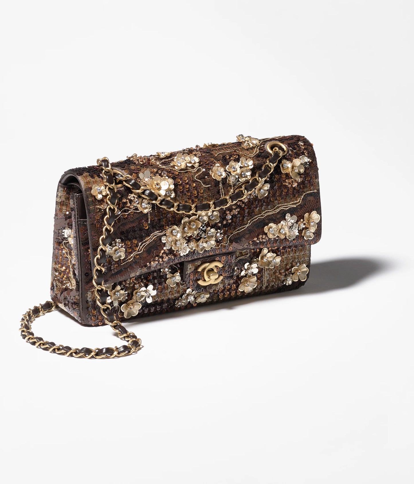 Chanel Classic 11.12 Handbag Embroidered Satin, Sequins, Glass beads & Gold-Tone Metal - Brown & Golden