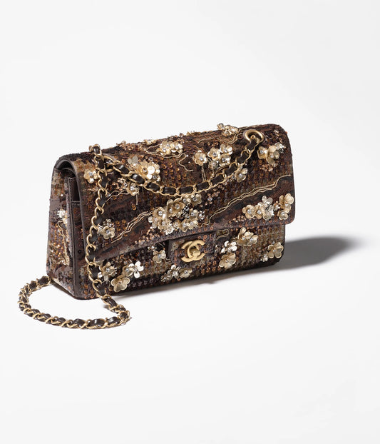 Chanel Classic 11.12 Handbag Embroidered Satin, Sequins, Glass beads & Gold-Tone Metal - Brown & Golden