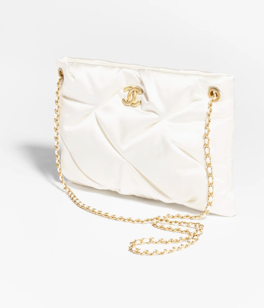 Chanel Large Pouch Bag Satin & Gold-Tone Metal Ecru