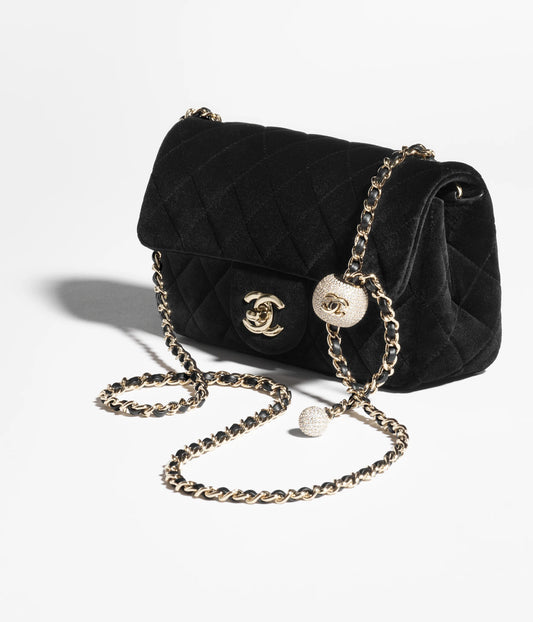 Chanel Mini Flap Bag Velvet, Diamanté & Gold-Tone Metal - Black