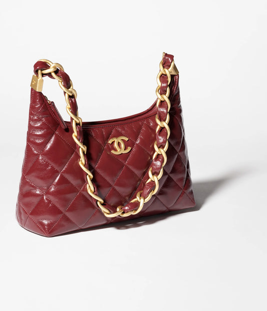 Chanel Hobo Handbag Shiny Lambskin & Gold-Tone Metal - Burgundy