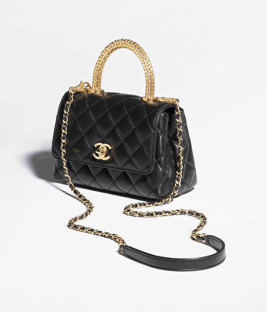 Chanel Flap Bag With Top Handle Calfskin, Diamanté & Gold Metal - Black