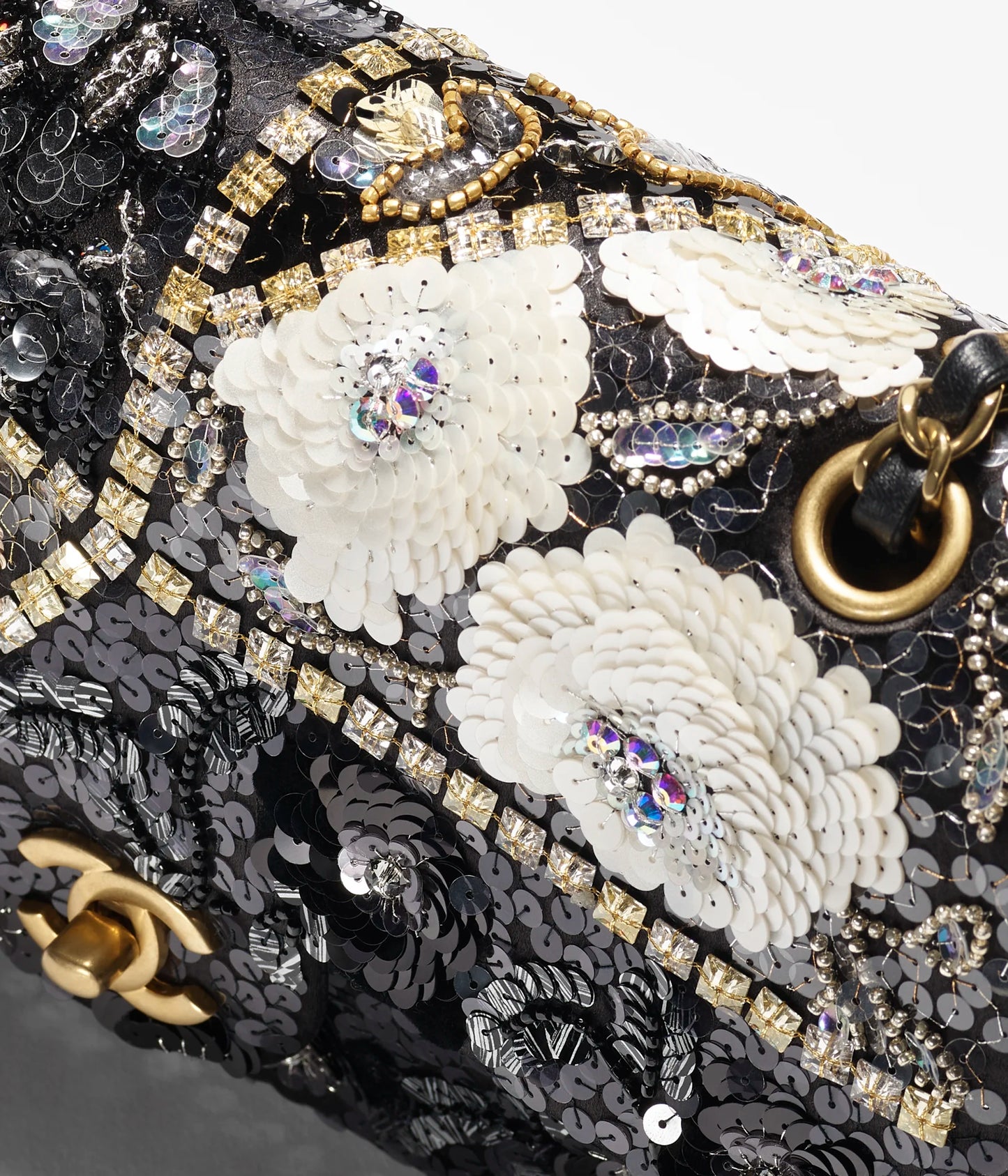 Chanel Classic 11.12 Handbag Satin, Sequins, Glass Pearls & Gold-Tone Metal Black, Golden & White