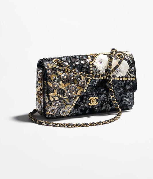 Chanel Classic 11.12 Handbag Satin, Sequins, Glass Pearls & Gold-Tone Metal Black, Golden & White