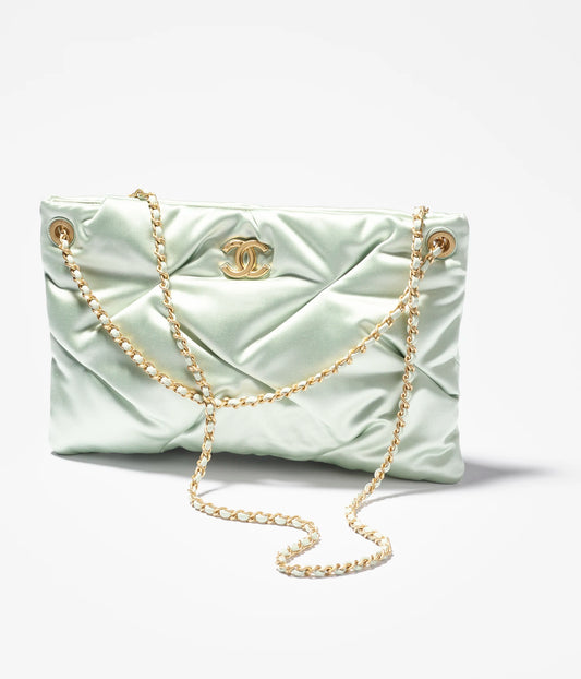 Chanel Large Pouch Bag Satin & Gold-Tone Metal - Light Green