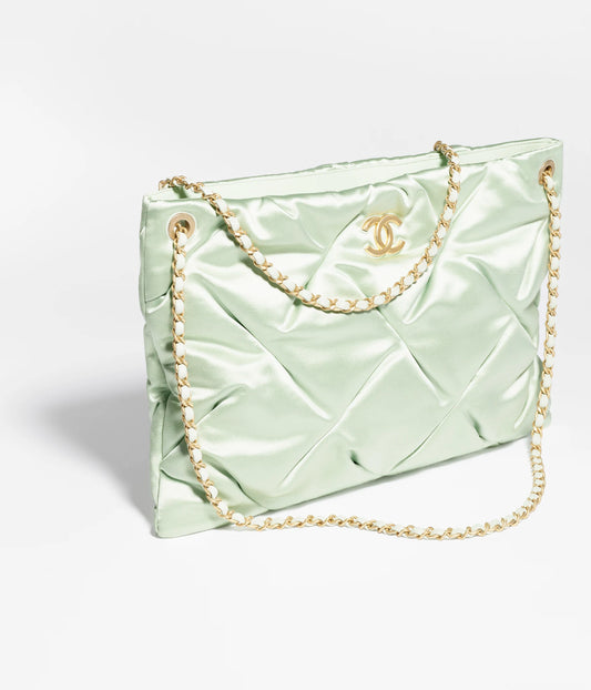 Chanel Large Pouch Bag Satin & Gold-Tone Metal - Light Green