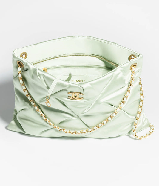 Chanel Large Pouch Bag Satin & Gold-Tone Metal - Light Green