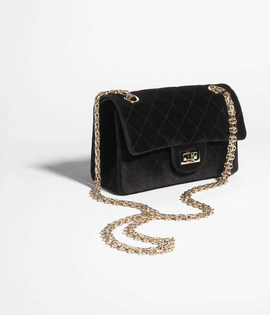 Chanel Mini 2.55 Handbag Velvet, Diamanté & Gold-Tone Metal - Black & Multicolo