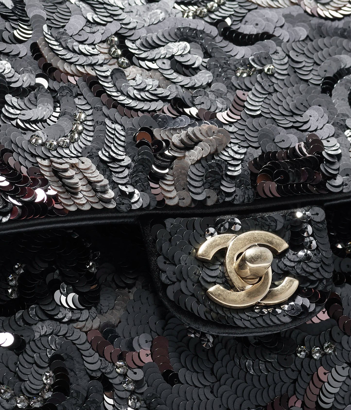 Chanel Classic 11.12 Handbag Satin, Sequins, Glass Pearls & Gold-Tone Metal Black, Dark Gray & Burgundy