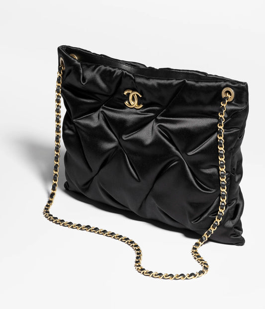 Chanel Large Pouch Bag Satin & Gold-Tone Metal - Black