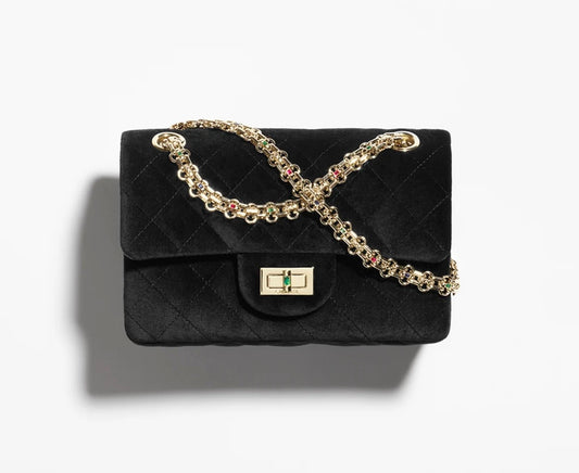 Chanel Mini 2.55 Handbag Velvet, Diamanté & Gold-Tone Metal - Black & Multicolo