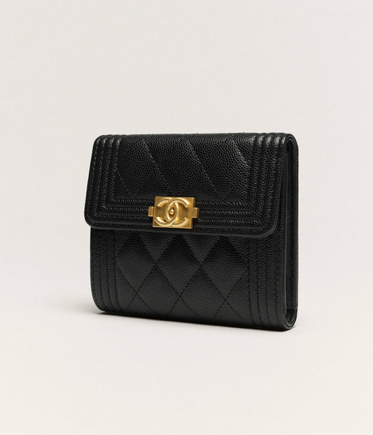 Chanel Boy Chanel Small Flap Wallet Grained Shiny Calfskin & Gold-Tone Metal - Black