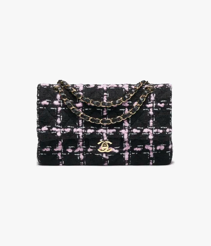 Chanel Classic 11.12 Handbag Wool Tweed & Gold-Tone Metal Black, Light Pink & White