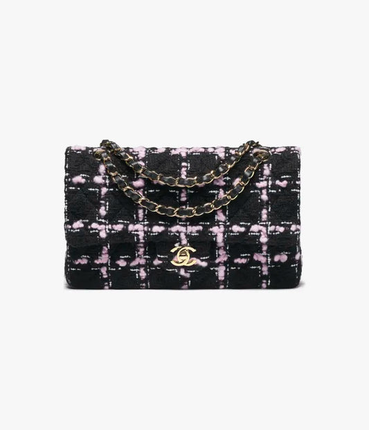 Chanel Classic 11.12 Handbag Wool Tweed & Gold-Tone Metal Black, Light Pink & White