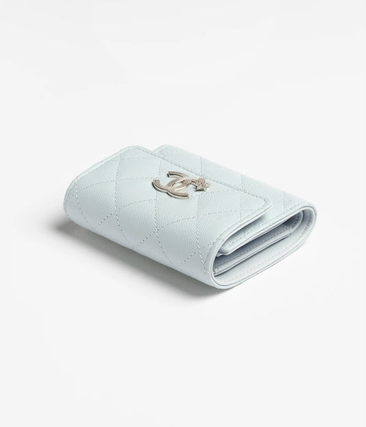 Chanel Small Double Wallet Shiny Grained Calfskin, Strass & Silver-Tone Metal - Light Blue