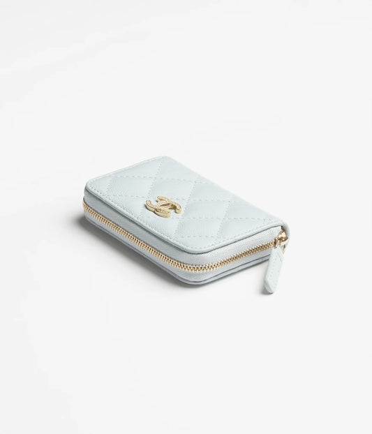 Chanel Coin Purse Shiny Grained Calfskin, Strass & Gold-Tone Metal - Light Blue