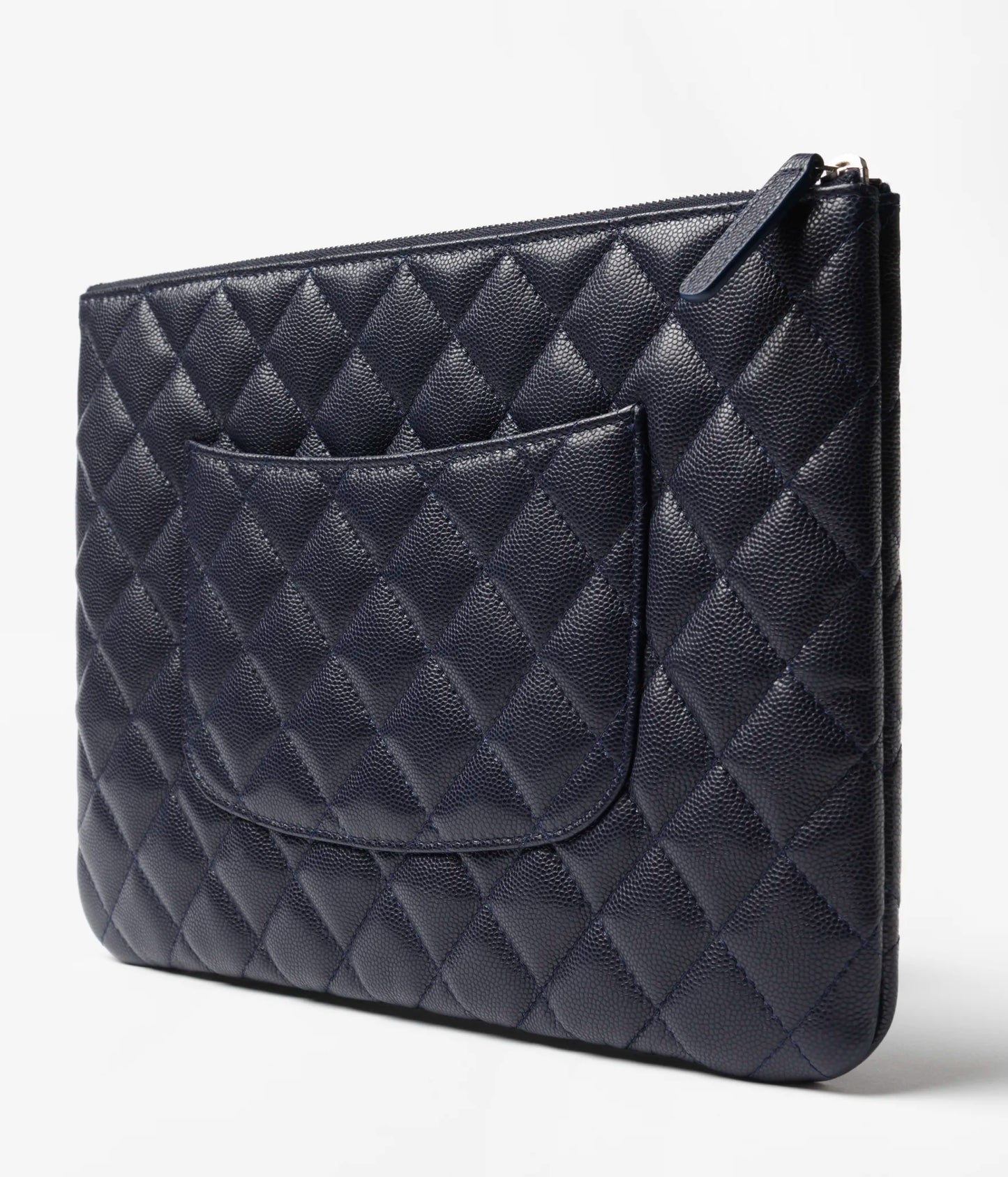 Chanel Pouch Shiny Grained Calfskin, Strass & Silver-Tone Metal - Dark Blue