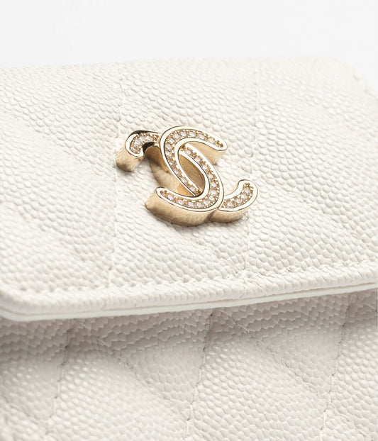 Chanel Small Double Wallet Shiny Grained Calfskin, Strass & Gold-Tone Metal - White