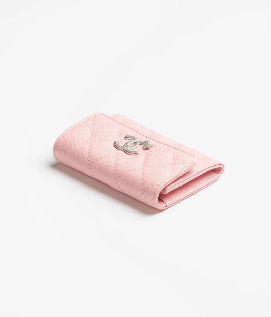 Chanel Card Holder Shiny Grained Calfskin, Strass & Silver-Tone Metal - Light Pink