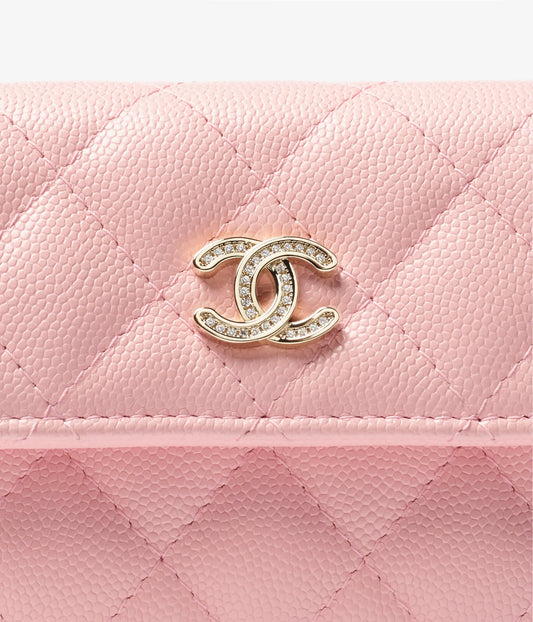 Chanel Small Double Wallet Shiny Grained Calfskin, Strass & Gold-Tone Metal - Light Pink