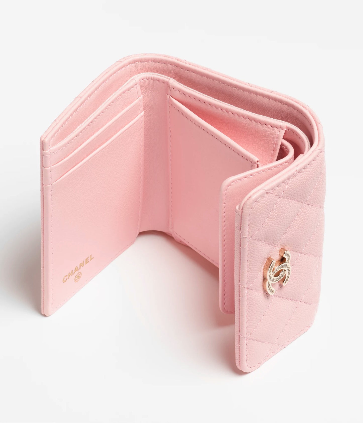 Chanel Small Double Wallet Shiny Grained Calfskin, Strass & Gold-Tone Metal - Light Pink