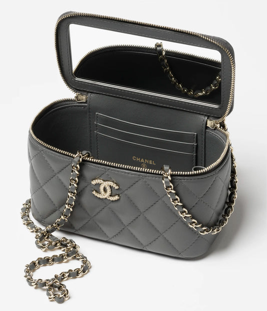 Chanel Long Vanity with Chain Lambskin, Diamanté & Gold Metal Dark Grey