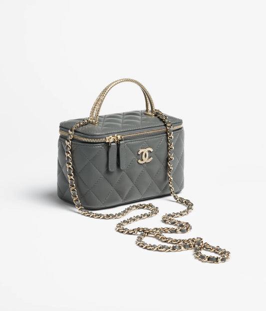 Chanel Long Vanity with Chain Lambskin, Diamanté & Gold Metal Dark Grey