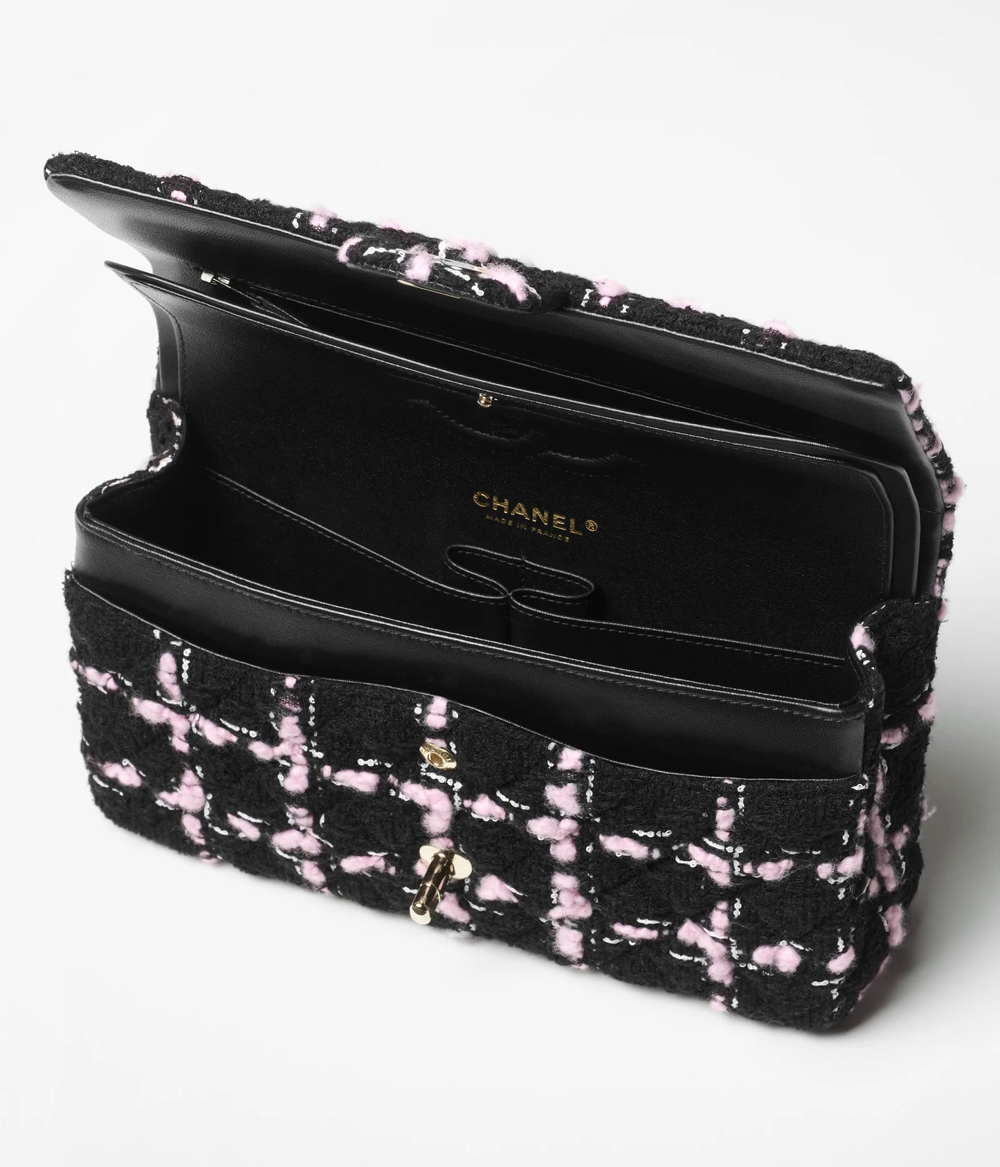 Chanel Classic 11.12 Handbag Wool Tweed & Gold-Tone Metal Black, Light Pink & White