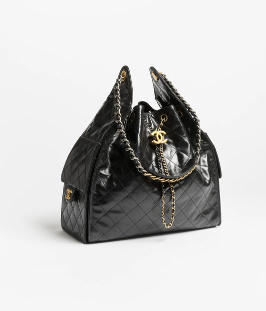 Chanel 25 Medium Handbag Shiny Crumpled Calfskin, Gold-Tone & Ruthenium-Finish Metal - Black