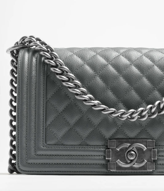 Chanel Boy Chanel Handbag Shiny Grained Calfskin & Ruthenium-Finish Metal - Grey