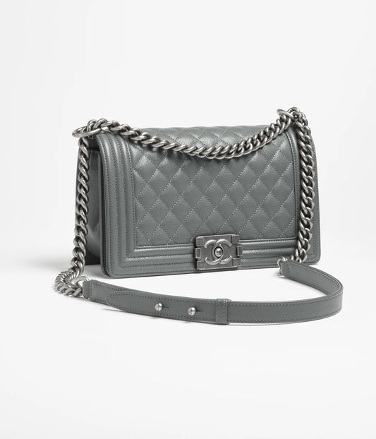 Chanel Boy Chanel Handbag Shiny Grained Calfskin & Ruthenium-Finish Metal - Grey