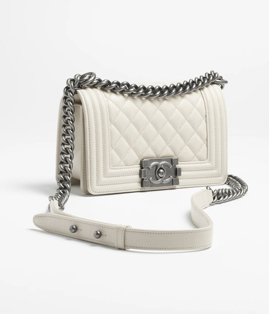 Chanel Small Boy Chanel Handbag Shiny Grained Calfskin & Ruthenium-Finish Metal Light - Grey