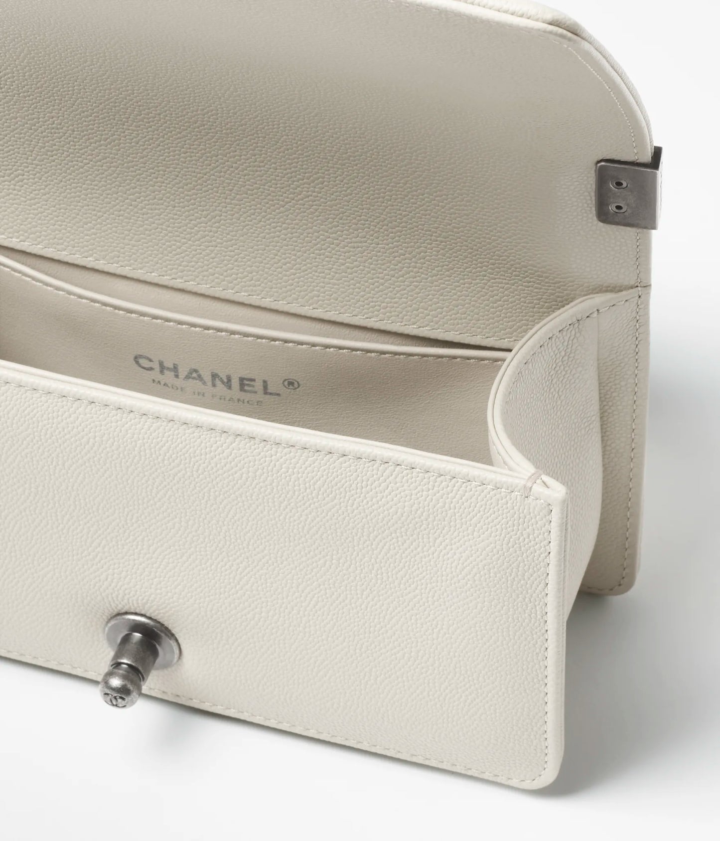 Chanel Small Boy Chanel Handbag Shiny Grained Calfskin & Ruthenium-Finish Metal Light - Grey