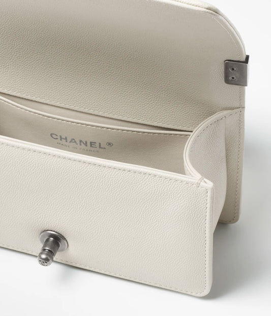 Chanel Small Boy Chanel Handbag Shiny Grained Calfskin & Ruthenium-Finish Metal Light - Grey