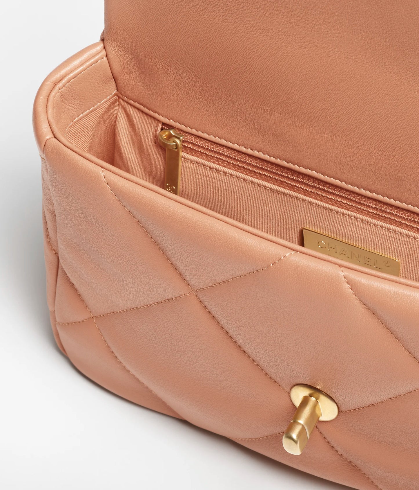 Chanel 19 Handbag Shiny Lambskin, Gold-Tone, Silver-Tone & Ruthenium-Finish Metal - Camel