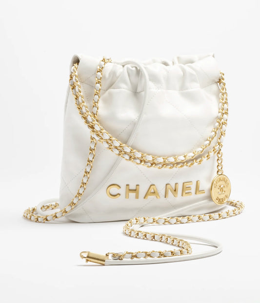Chanel 22 Mini Handbag Shiny Calfskin & Gold-Tone Metal - White
