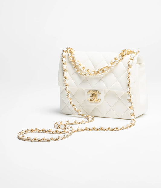 Chanel Mini Flap Bag Shiny Lambskin, Imitation Pearls & Gold-Tone Metal - Ecru