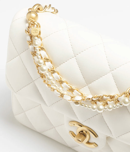 Chanel Mini Flap Bag Shiny Lambskin, Imitation Pearls & Gold-Tone Metal - Ecru