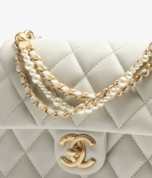 Chanel Mini Flap Bag Shiny Lambskin, Imitation Pearls & Gold-Tone Metal - Light Grey